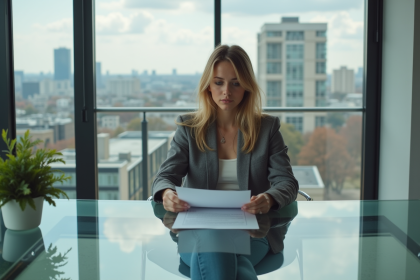 Jeune femme en blazer dans un bureau moderne pour l'article
