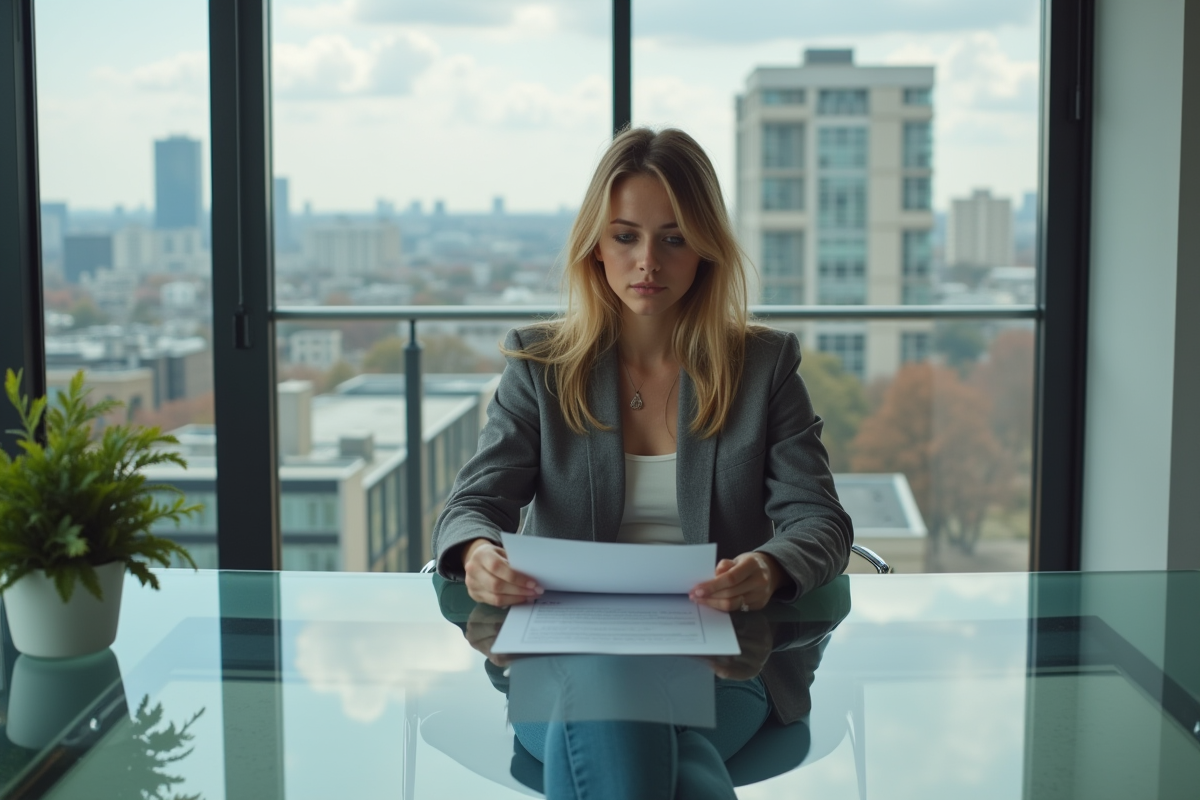 Jeune femme en blazer dans un bureau moderne pour l'article