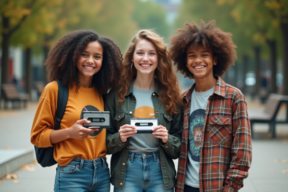 Groupe de jeunes en streetwear vintage 90s dans un parc urbain
