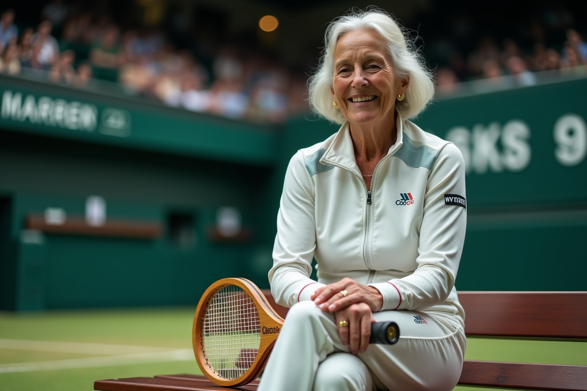 Légende du tennis assise après un match dans une salle intérieure