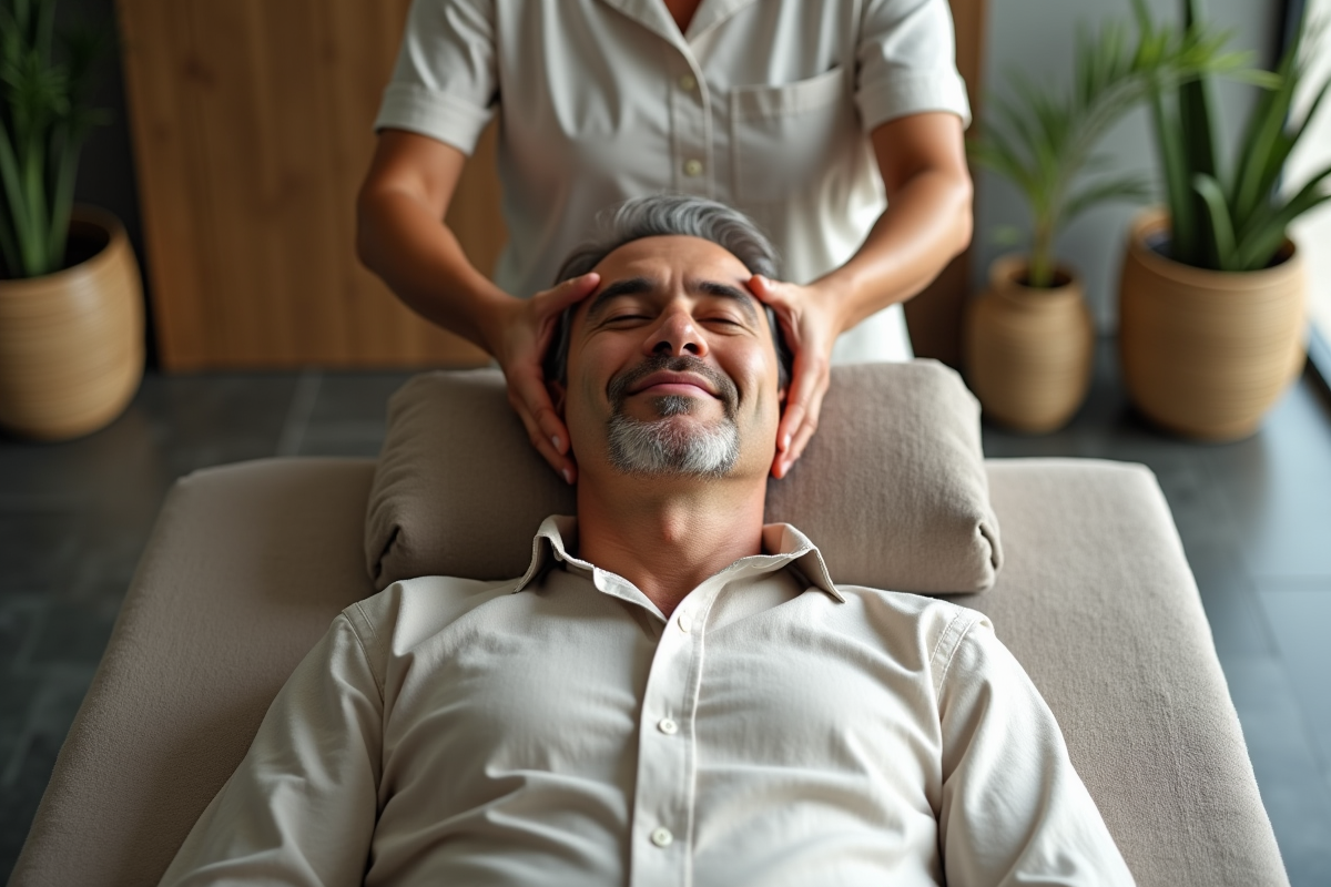 Homme recevant un massage du cuir chevelu dans un spa calme