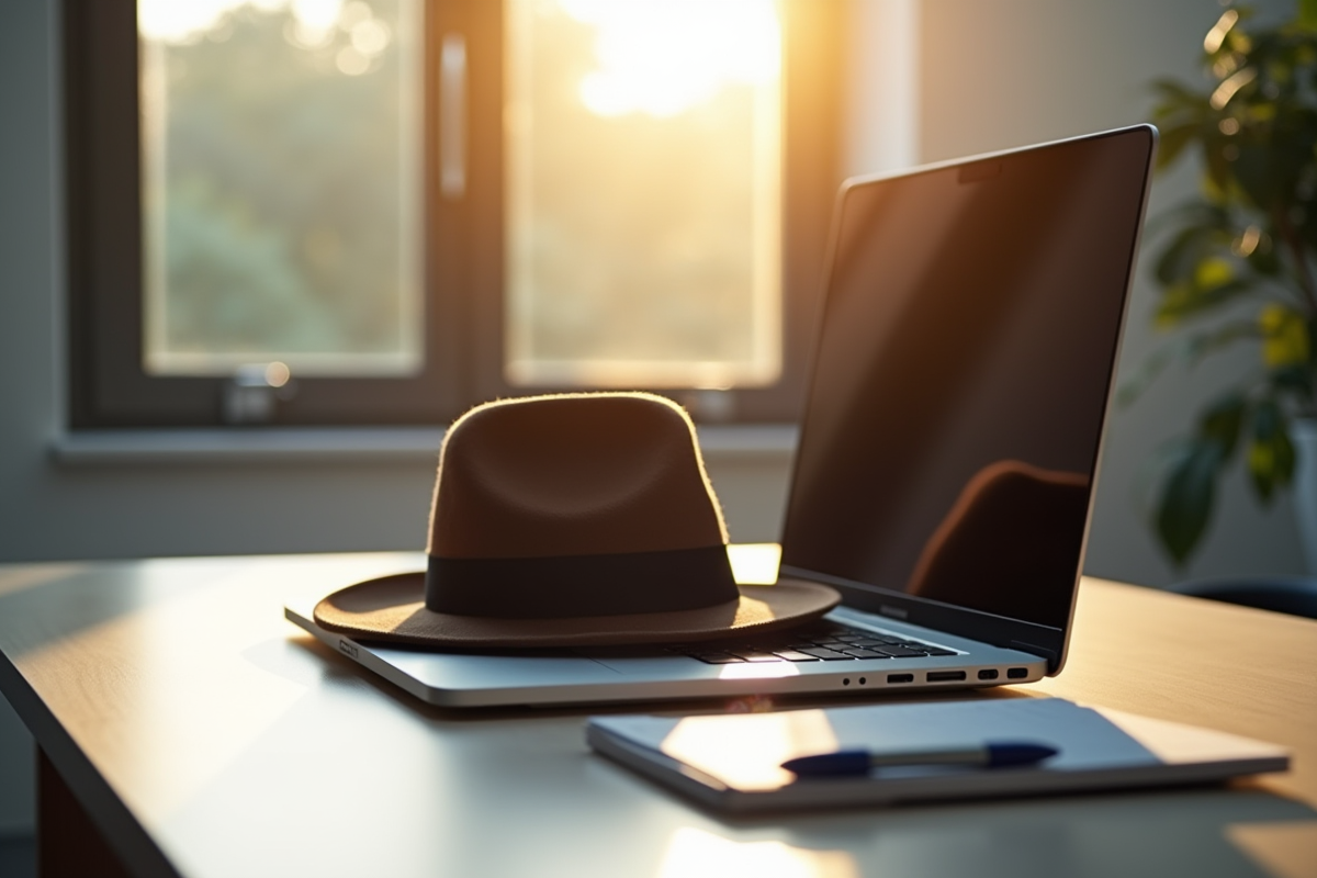 Ordinateur portable ouvert avec chapeau fedora sur un bureau lumineux