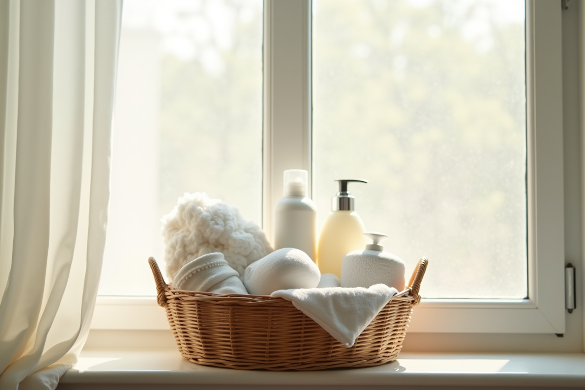Panier avec linge propre et produits naturels sur une fenêtre ensoleillée