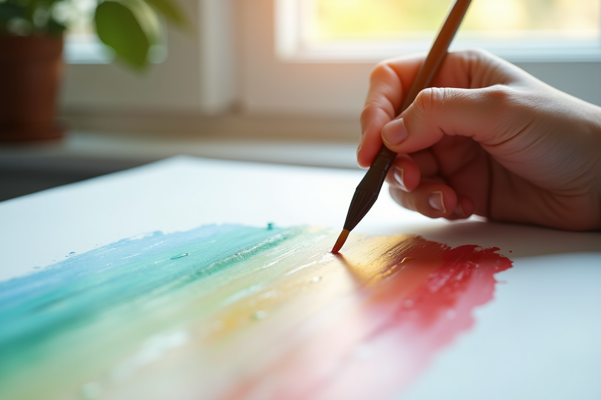 Personne appliquant un dégradé de couleurs sur une toile blanche