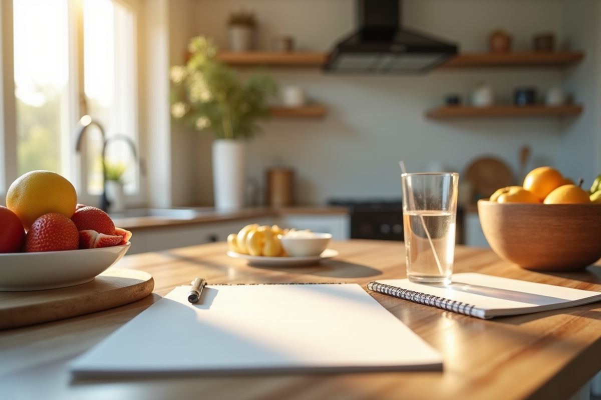 Petit déjeuner dans une cuisine organisée avec fruits et journal