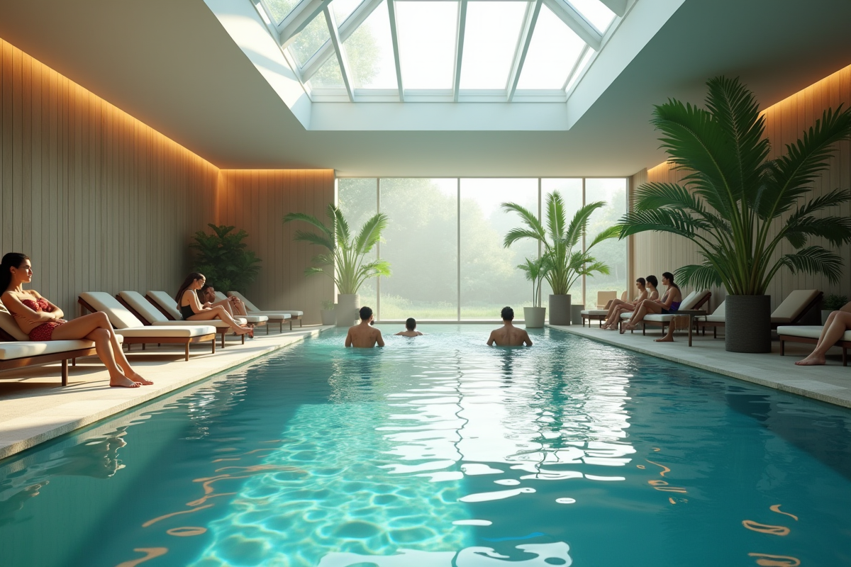 Piscine spa intérieure avec personnes relaxant autour