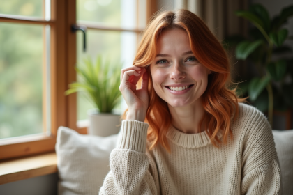 Portrait d'une femme aux cheveux cuivre souriante près d'une fenêtre