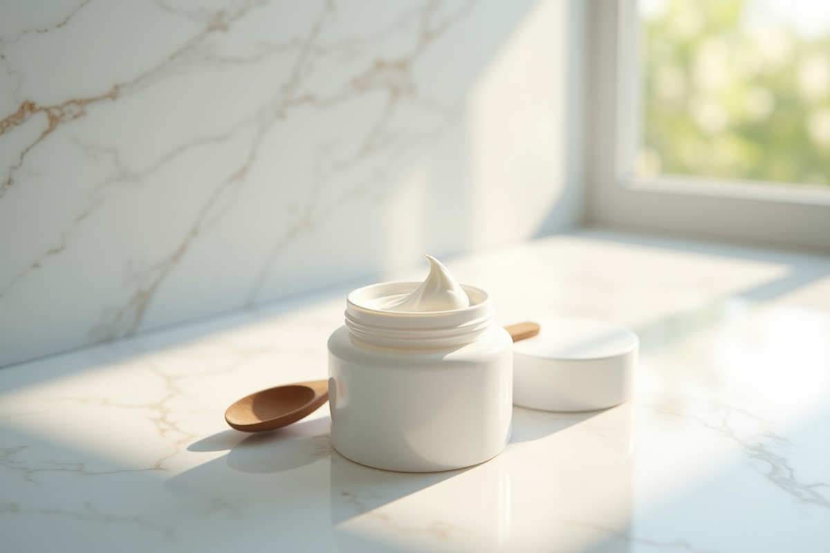 Pot de creme hydratante visage sur marbre blanc