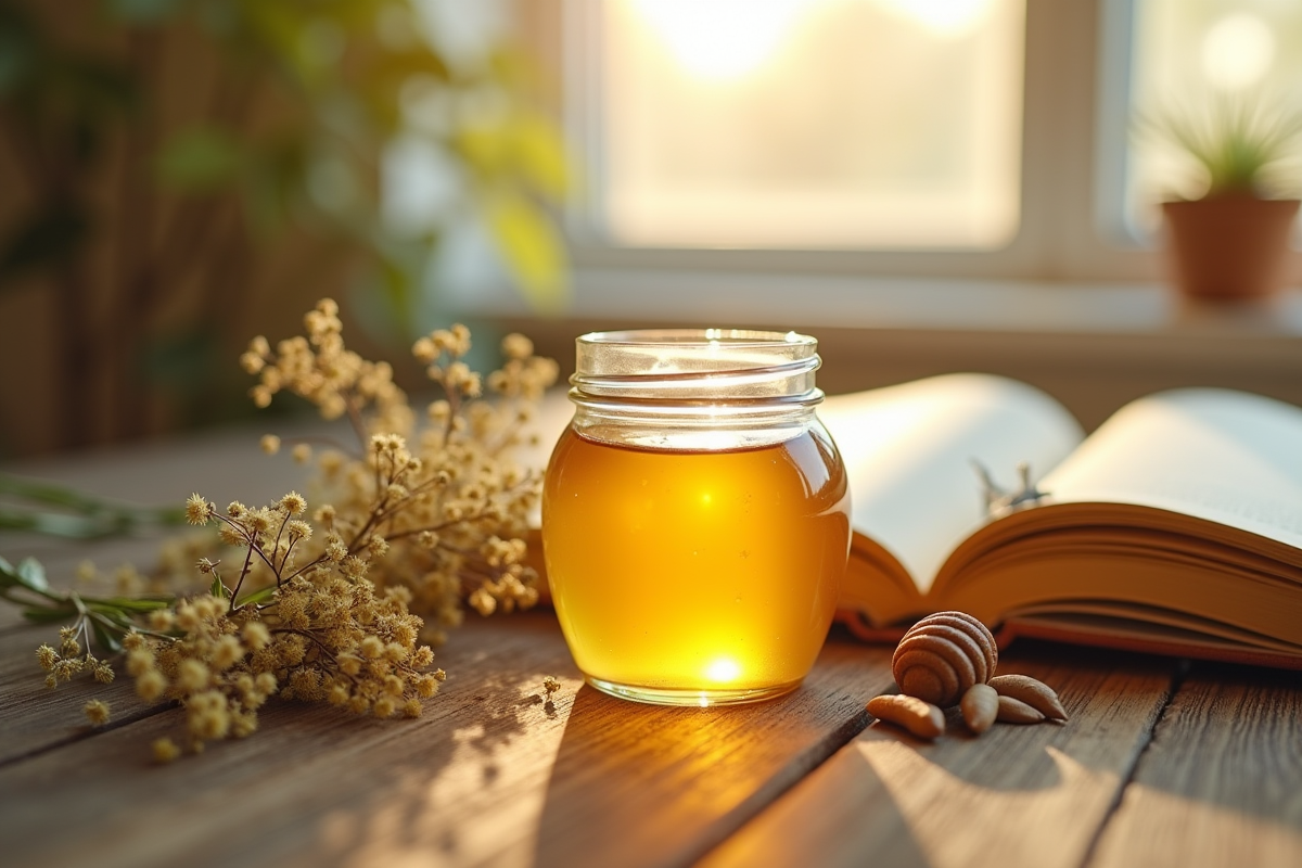 Pot de miel doré avec plantes et journal de soin naturel