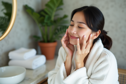Femme appliquant de l'huile sur le visage dans sa routine matinale