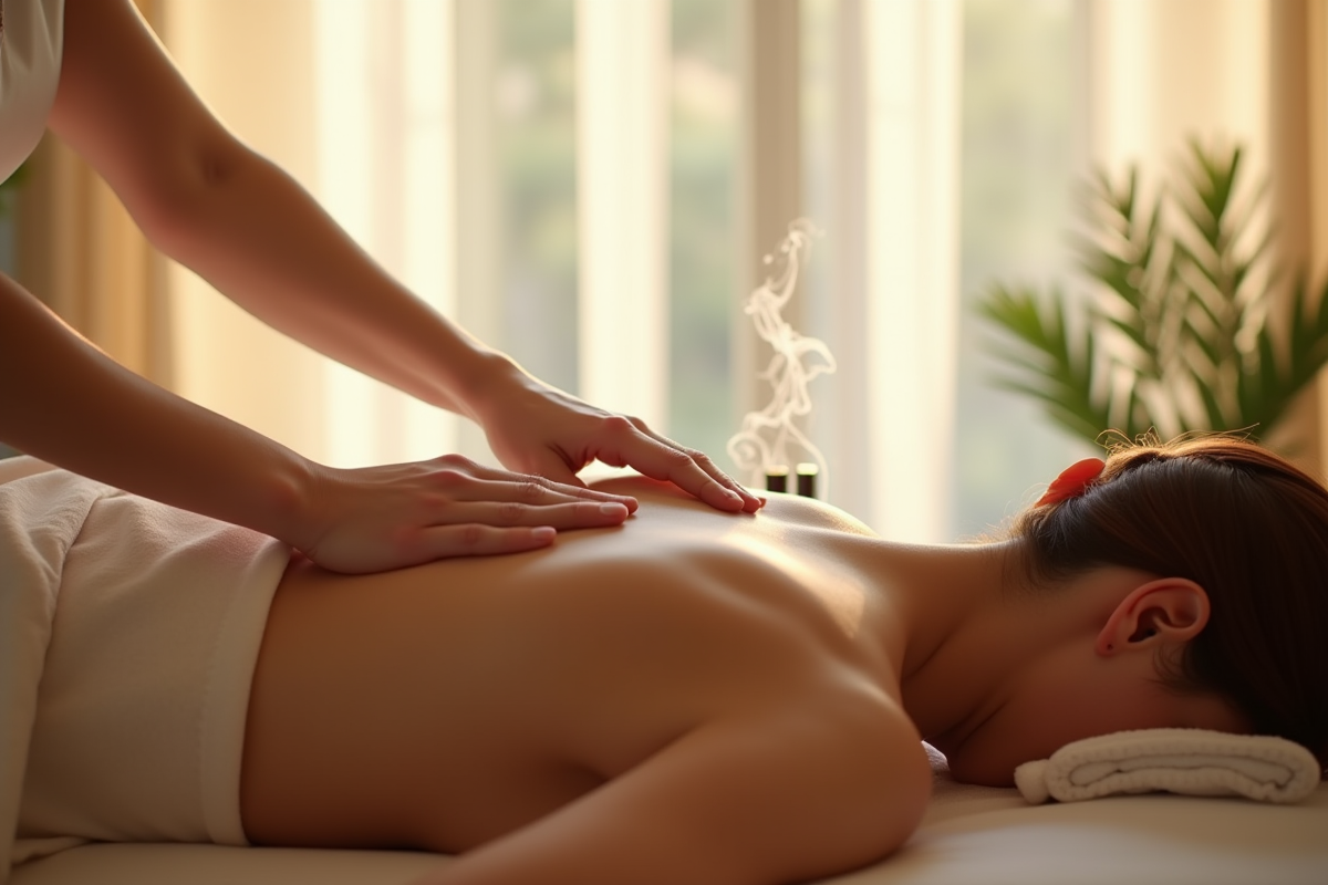 Salle de spa relaxante avec masseuse et lumière douce