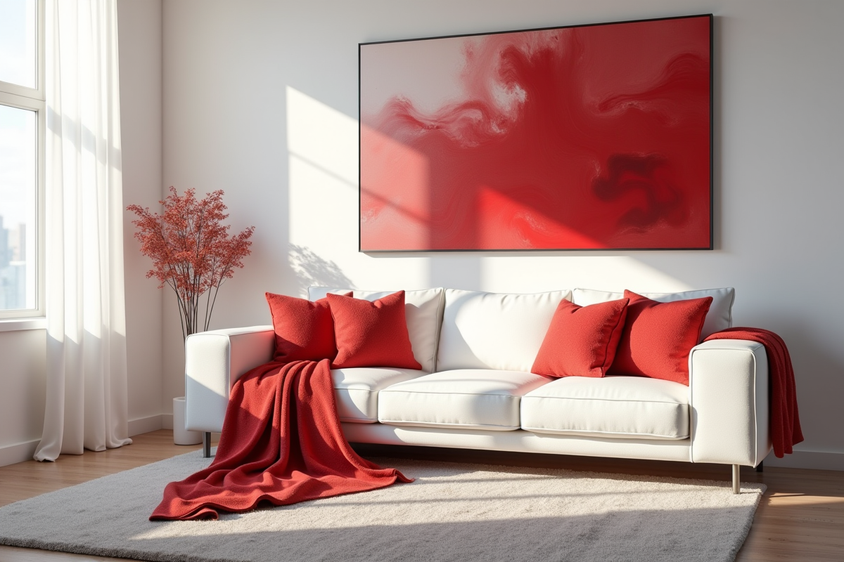 Salon moderne avec canapé blanc et accents rouges