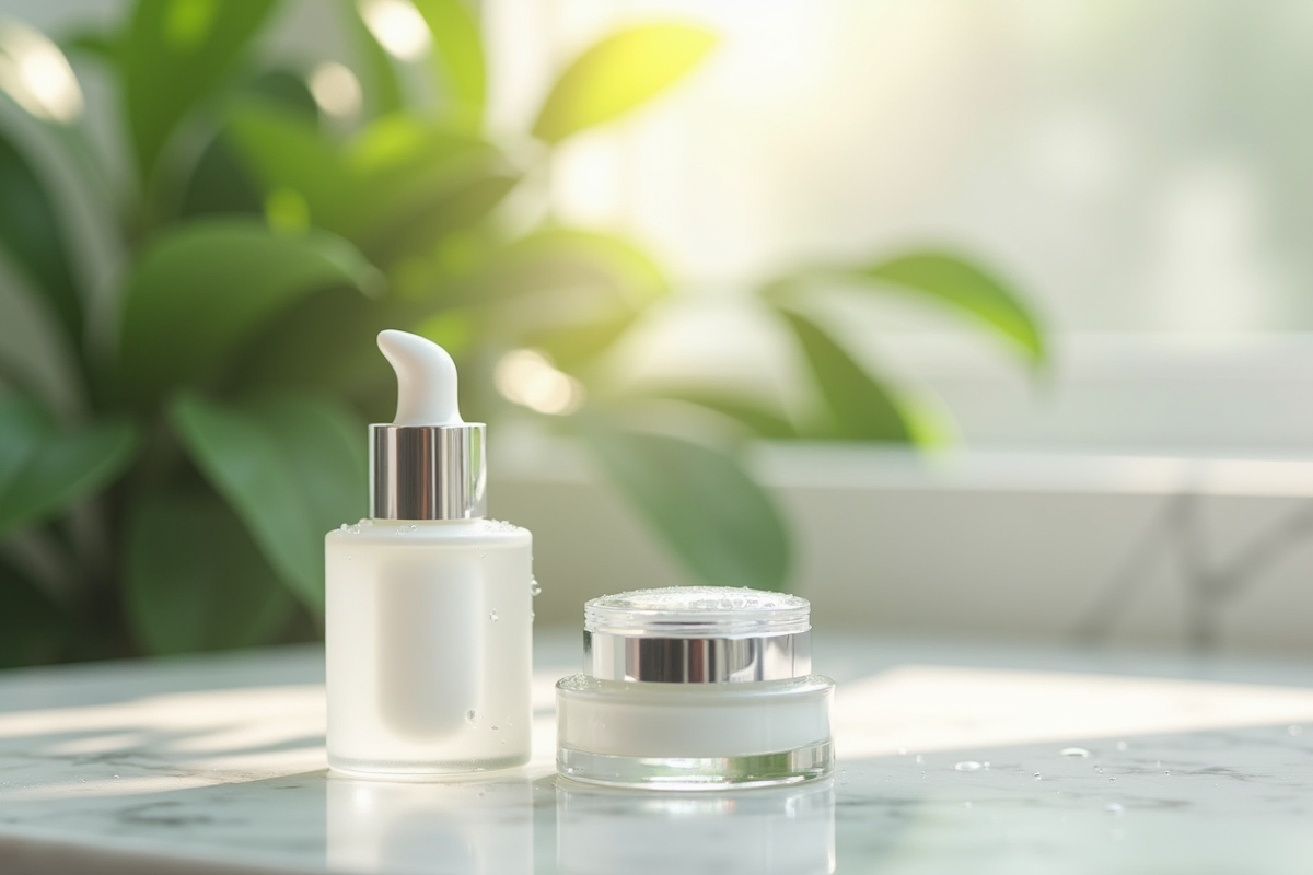 Flacons de serum anti-âge et crème sur comptoir en marbre