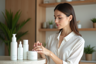Femme élégante examine des produits de soin visage dans un centre de beauté