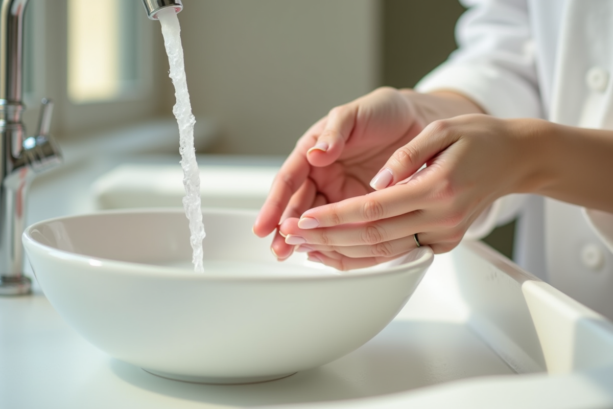 Mains d'une femme trempant ses doigts dans un bol d'eau savonneuse