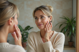 Femme appliquant un serum antiage devant miroir