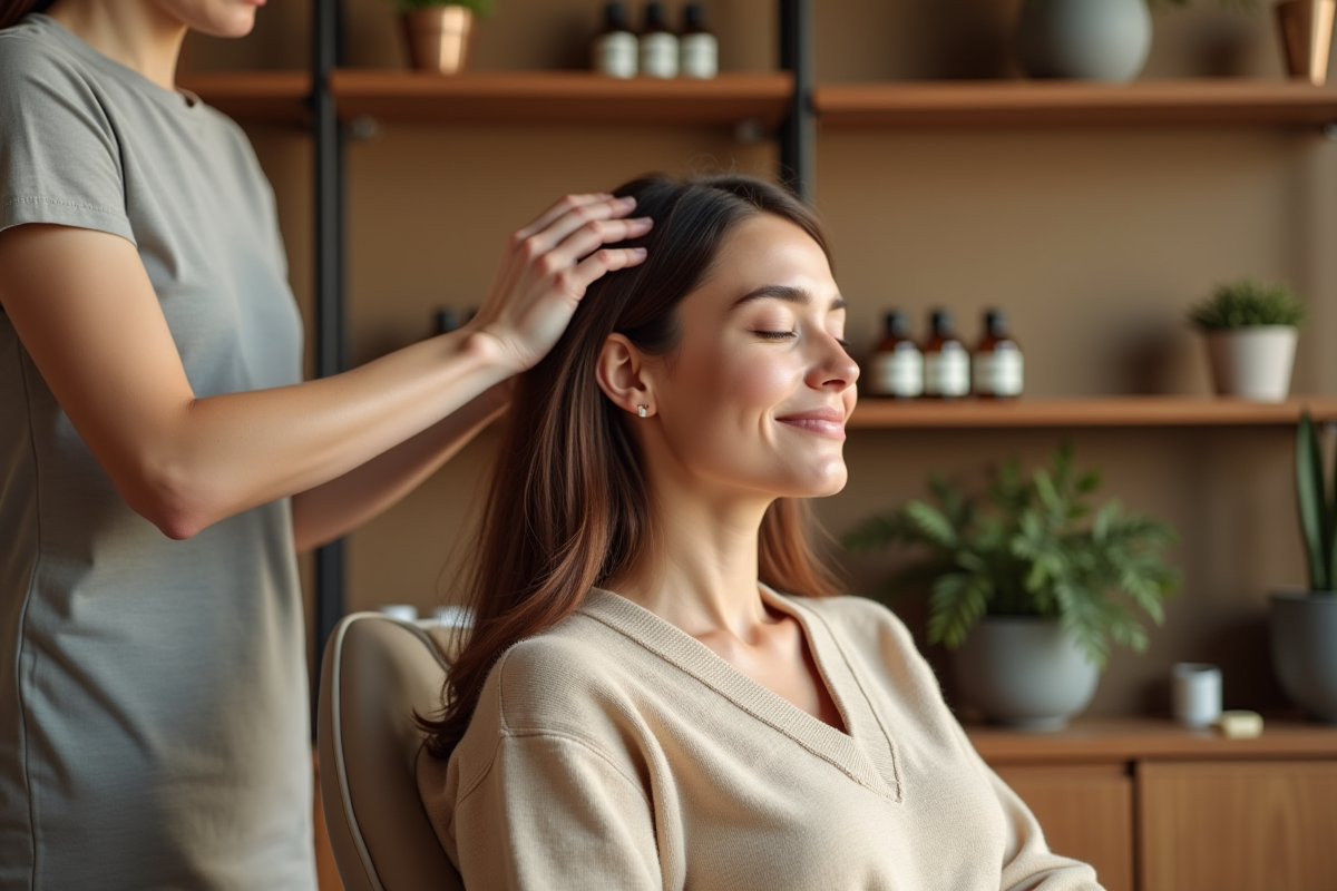 Femme recevant un massage du cuir chevelu dans un studio zen