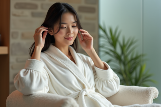 Femme en robe blanche appliquant un traitement capillaire naturel