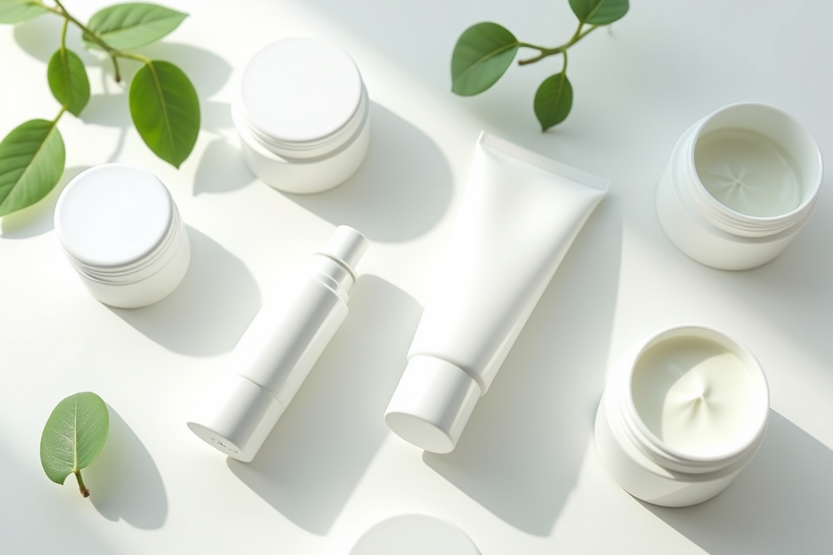 Tubes et pots de soins avec feuilles vertes sur surface blanche