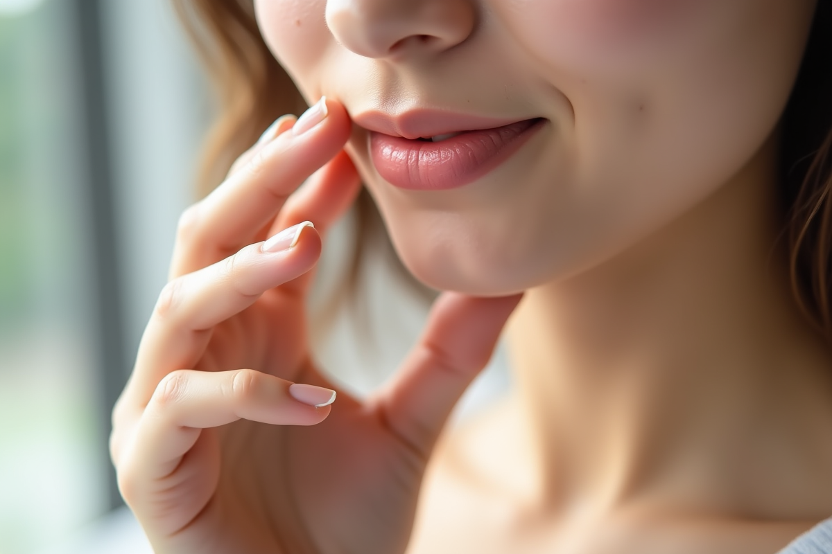 Jeune femme touchant sous la lèvre pour soin du visage