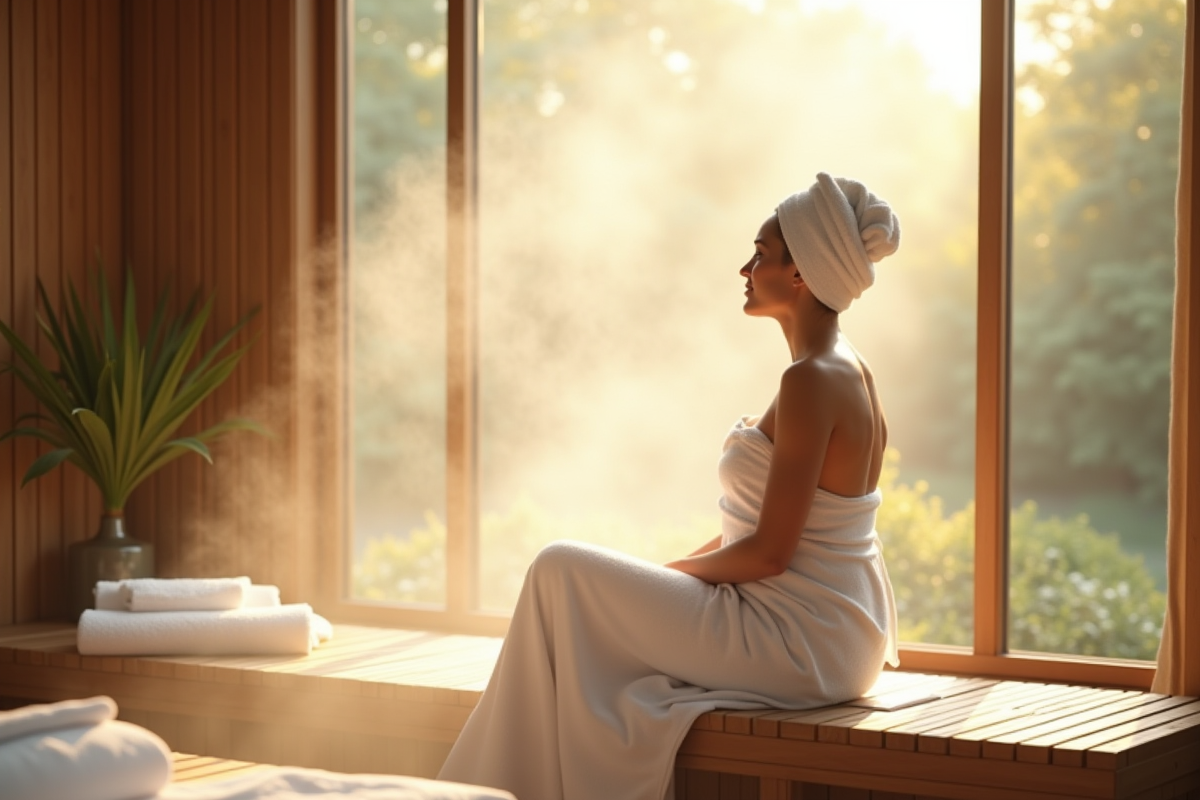 Femme détendue dans un spa lumineux et apaisant