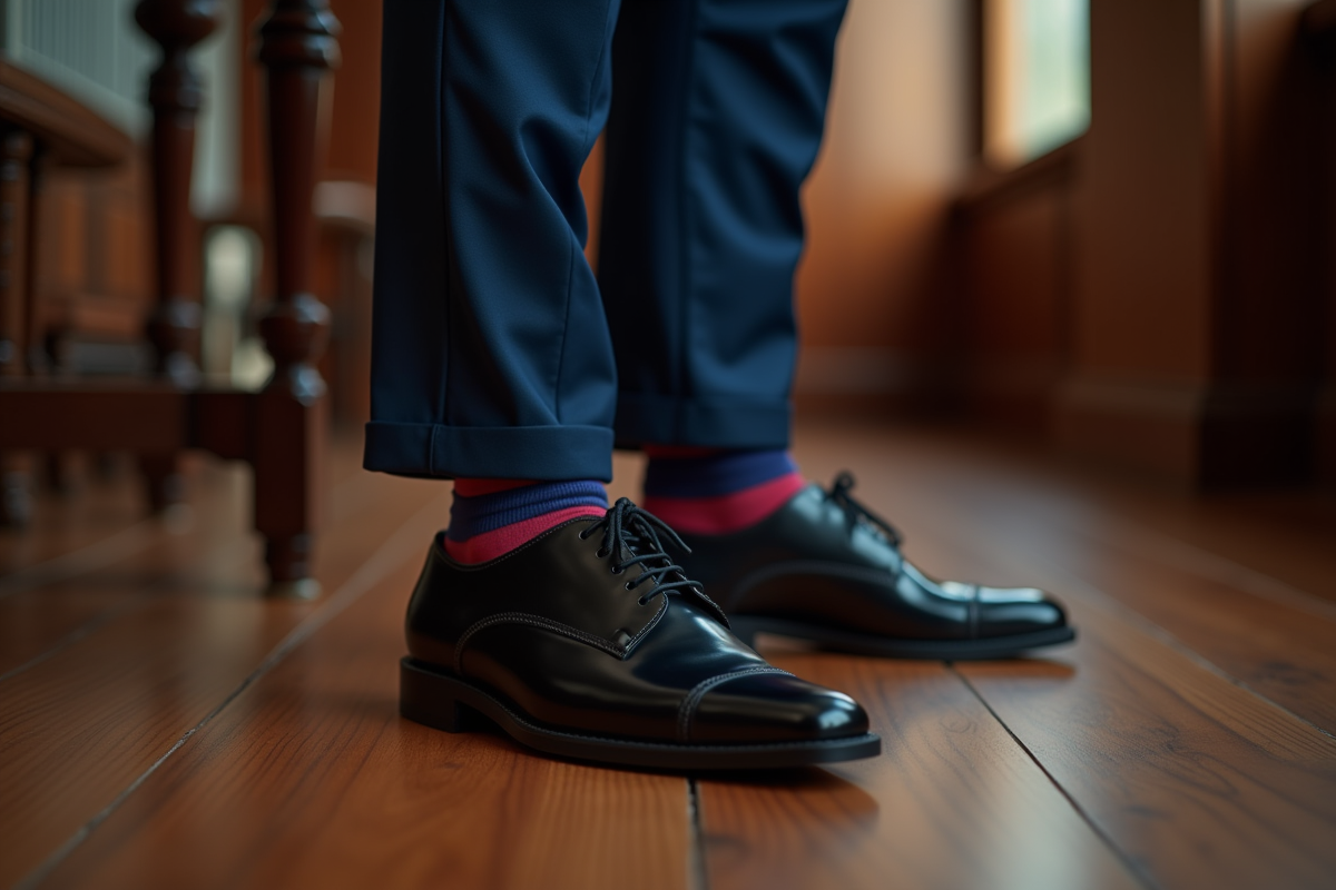 Personne en costume bleu avec chaussettes colorées dans un intérieur élégant