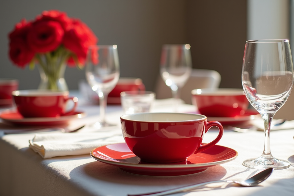 Table de repas élégante avec vaisselle rouge et blanche